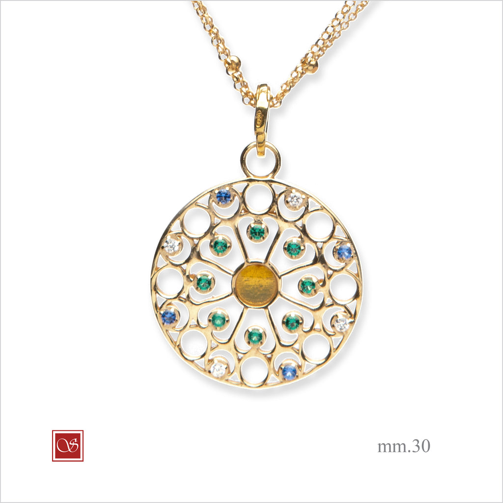 Luminaria tonda con zirconi trasparenti,  mm 30 smalto giallo