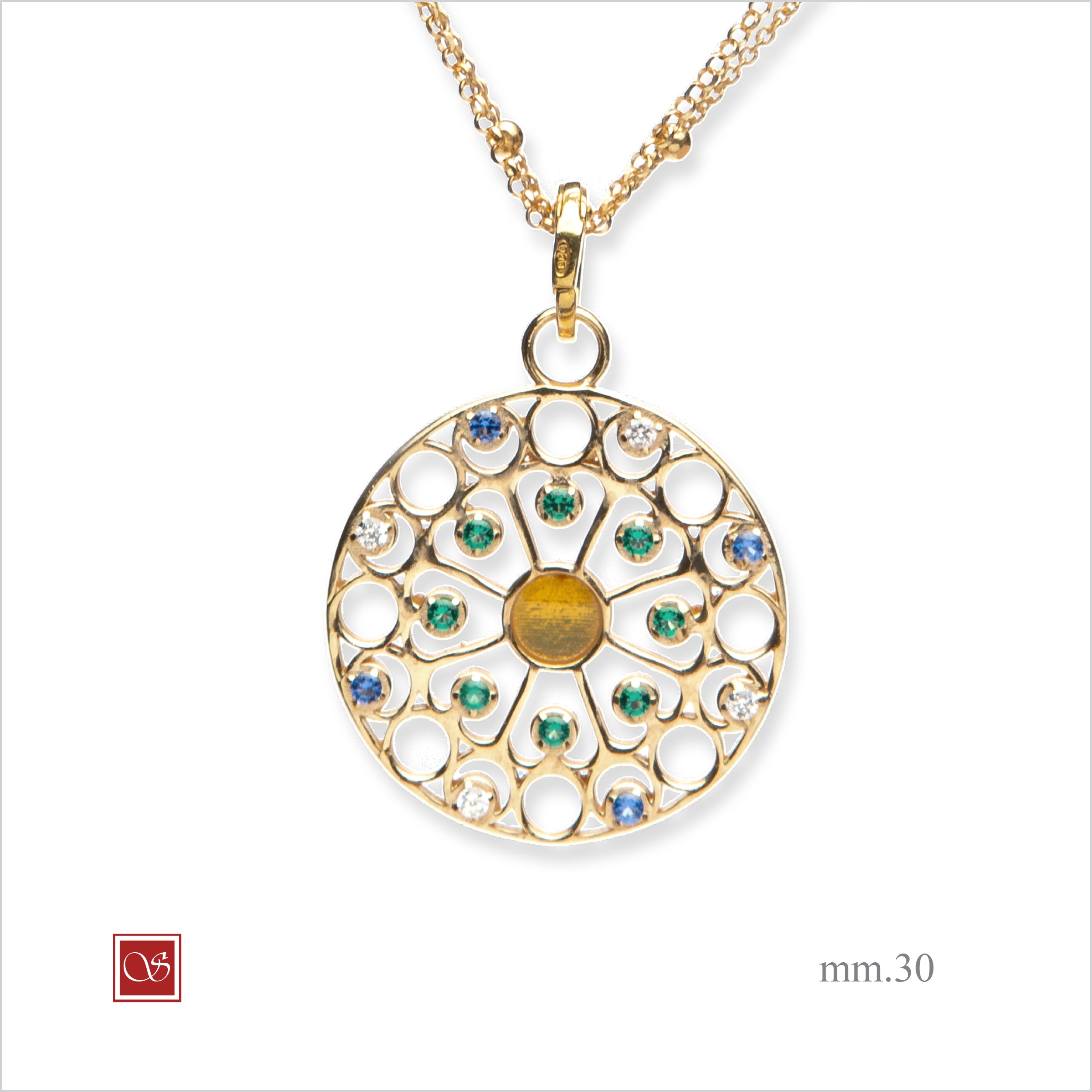 Luminaria tonda con zirconi trasparenti,  mm 30 smalto giallo