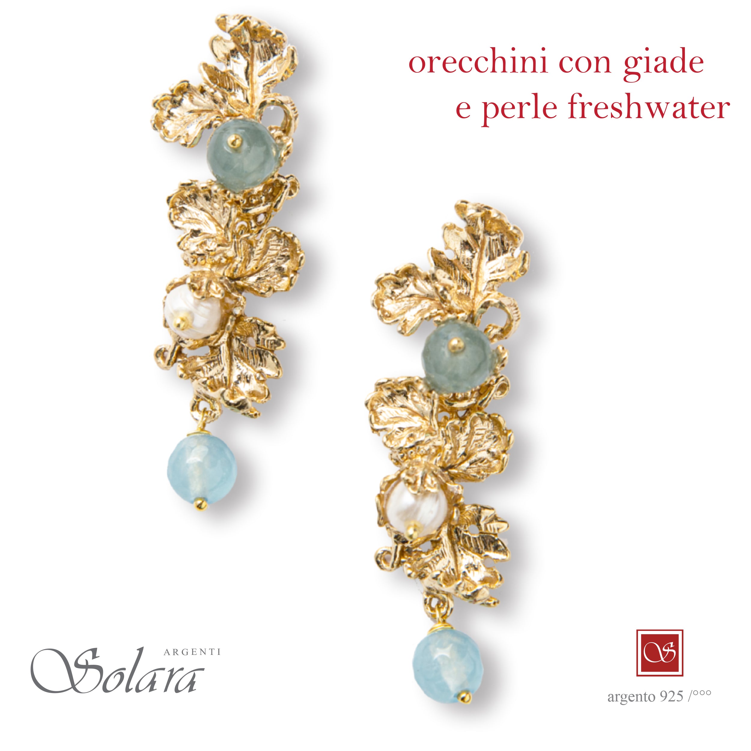 Orecchini LIBERTY  pendenti lunghi  - dorati - con giada e perle freshwater