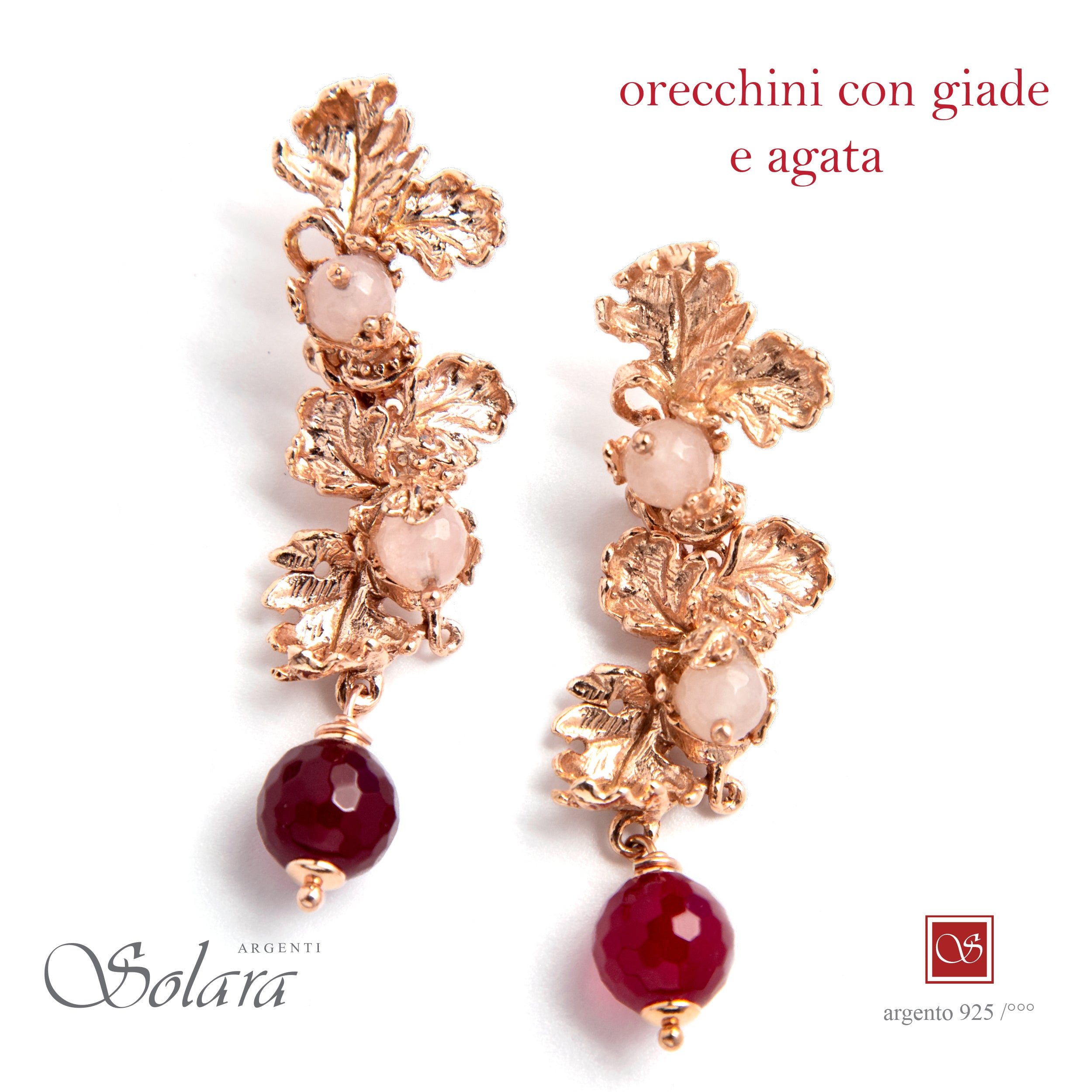 Orecchini LIBERTY  pendenti  - rosè- con Giada e agata rossa