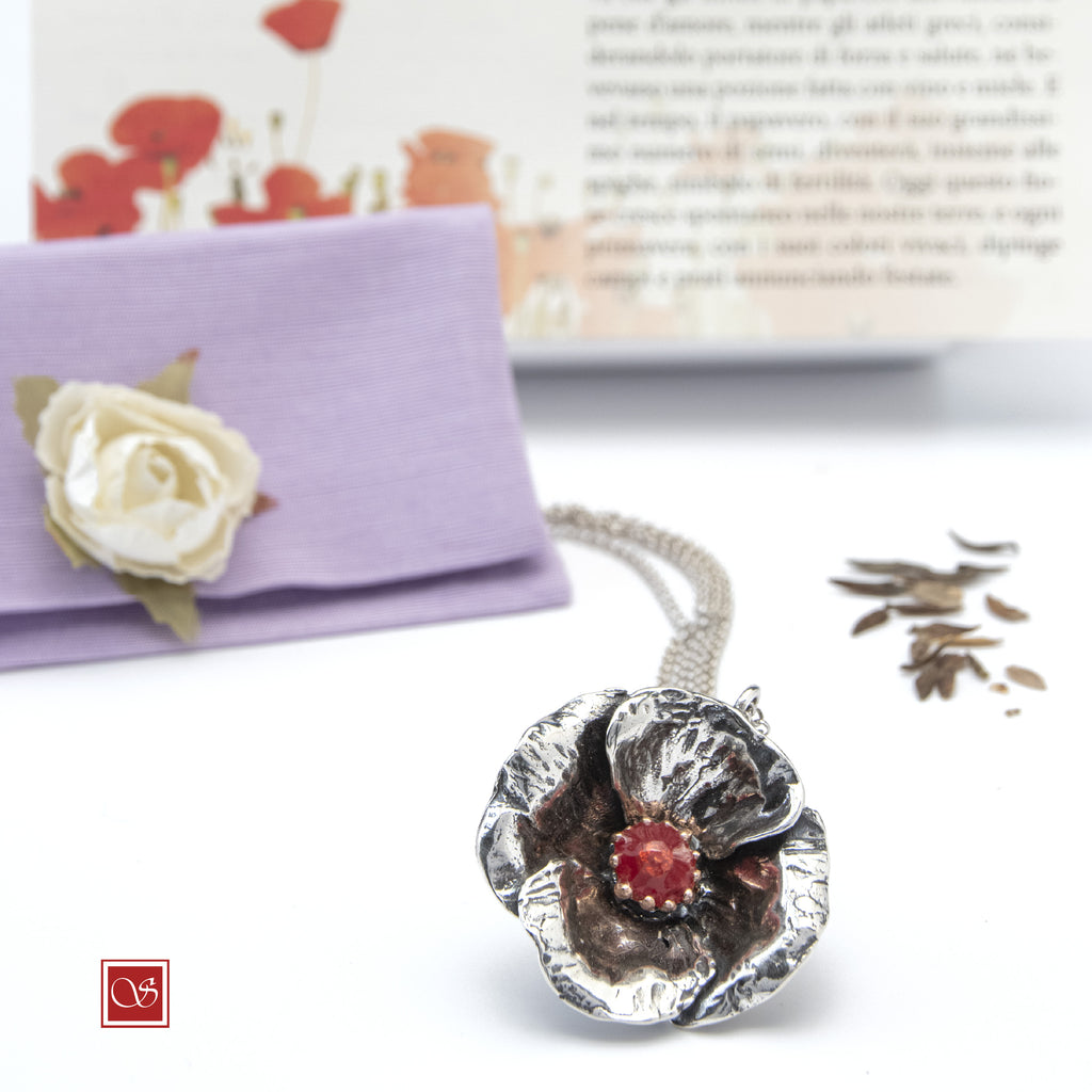 Papavero - ciondolo con collana doppia da 60 cm. - linea FIORIDARGENTO - III^ misura