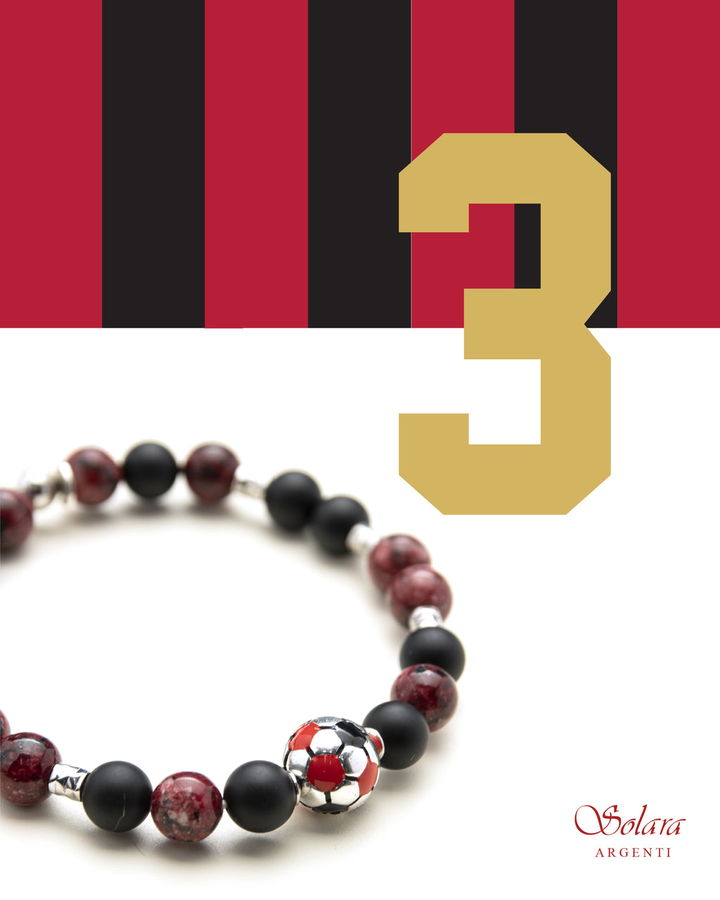 Bracciale uomo - pallone da calcio - ROSSO e NERO - agata nera e labradorite