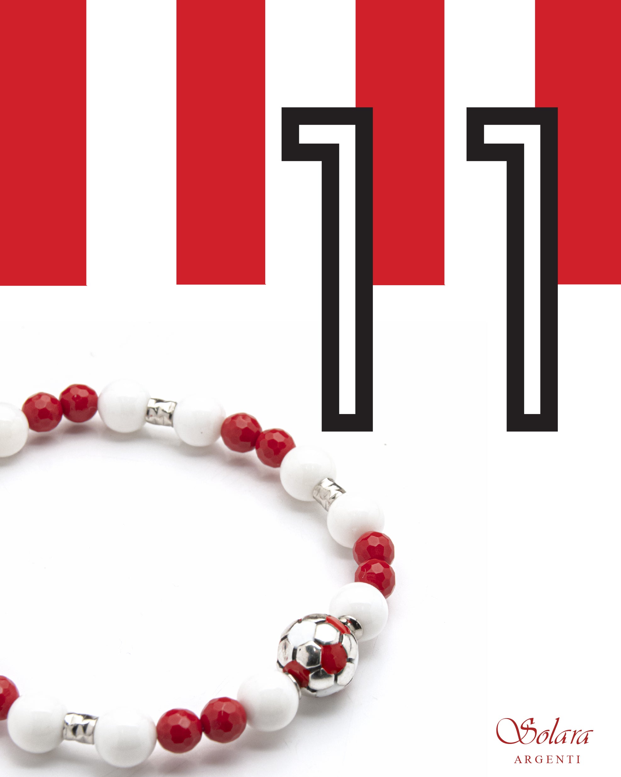 Bracciale uomo - pallone da calcio - BIANCO e ROSSO - agata nera e occhio di Tigre