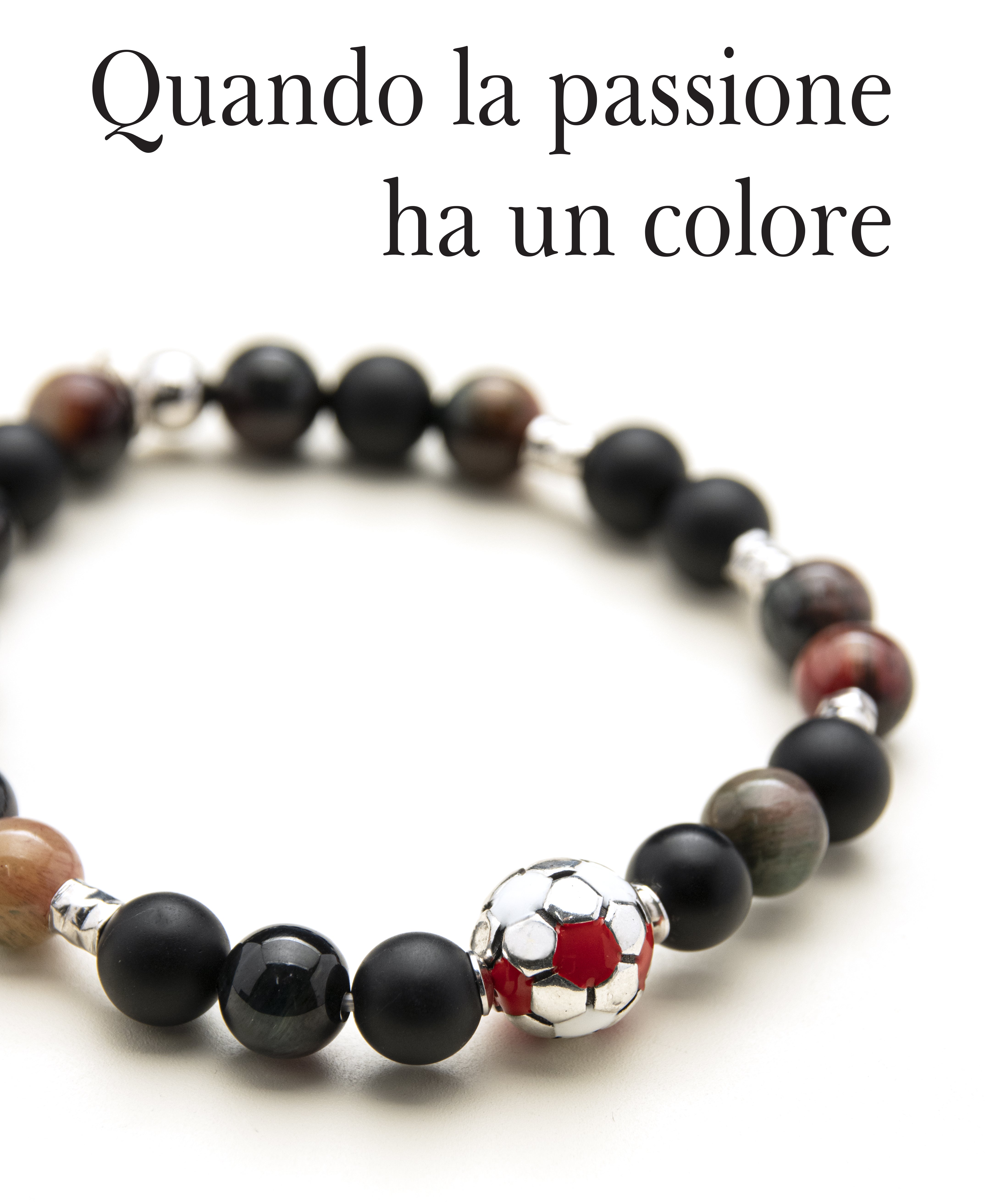 Bracciale uomo - pallone da calcio - BIANCO e ROSSO - agata nera e occhio di Tigre