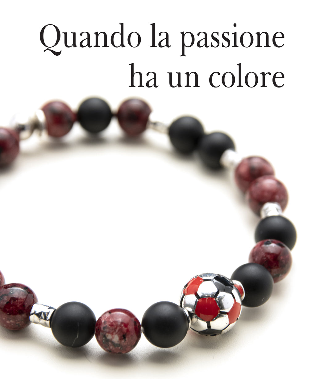 Bracciale uomo - pallone da calcio - ROSSO e NERO - agata nera e labradorite
