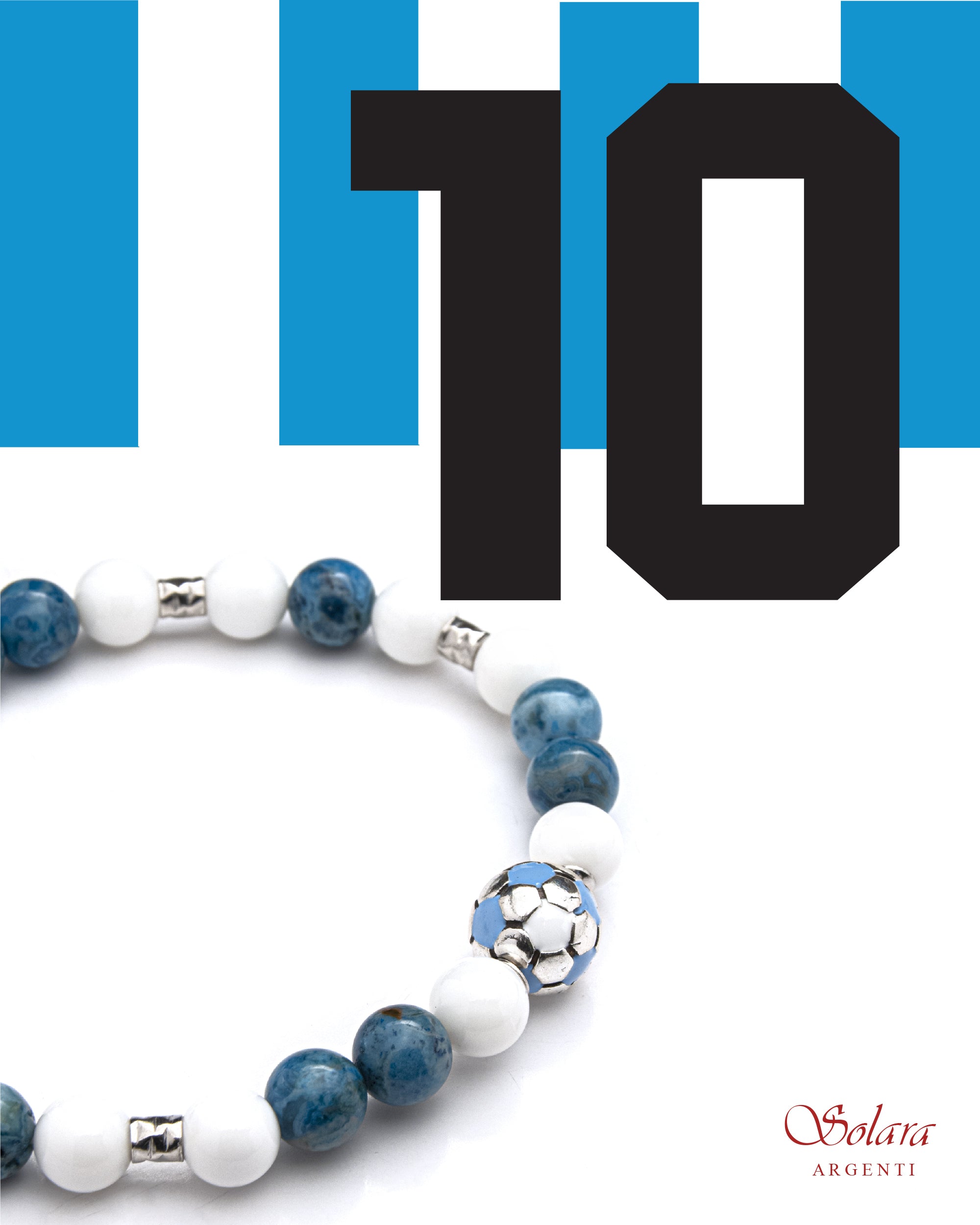 Bracciale uomo - pallone da calcio - BIANCO e AZUURRO - agata nera e agata color turchese