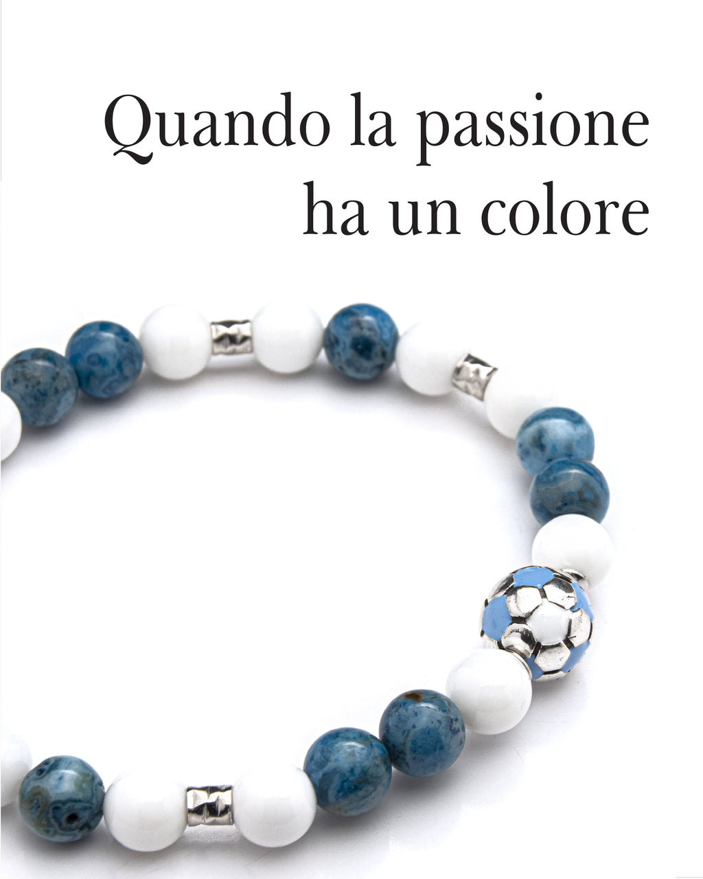 Bracciale uomo - pallone da calcio - BIANCO e AZUURRO - agata nera e agata color turchese