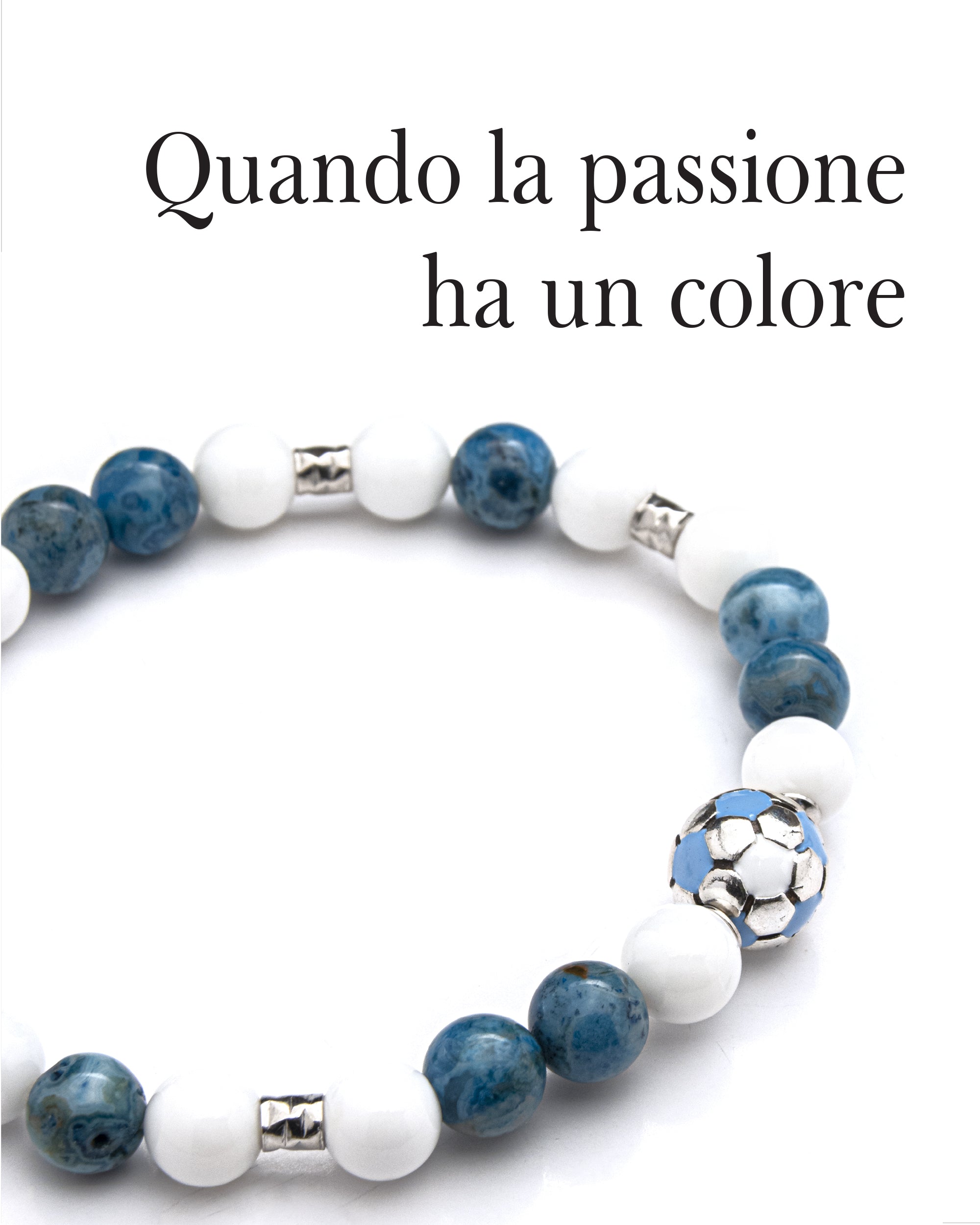 Bracciale uomo - pallone da calcio - BIANCO e AZUURRO - agata nera e agata color turchese