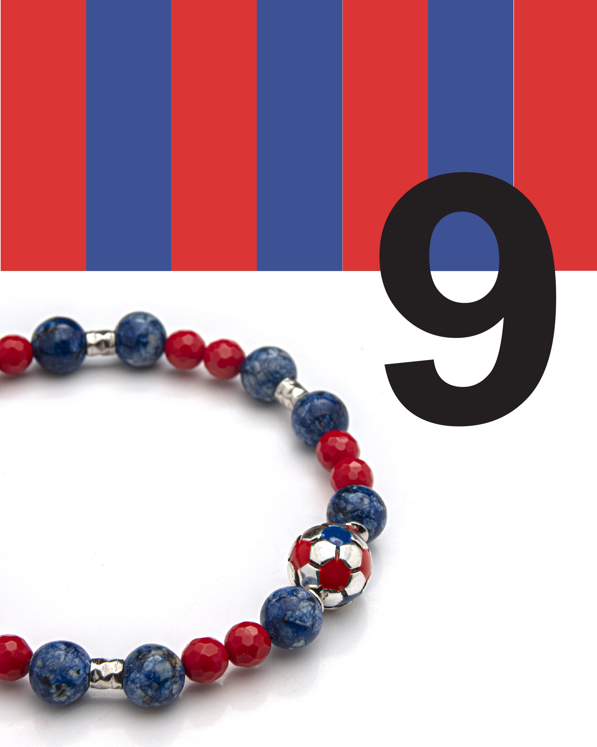 Bracciale uomo - pallone da calcio - ROSSO e BLU - agata nera satinata  e labradorite