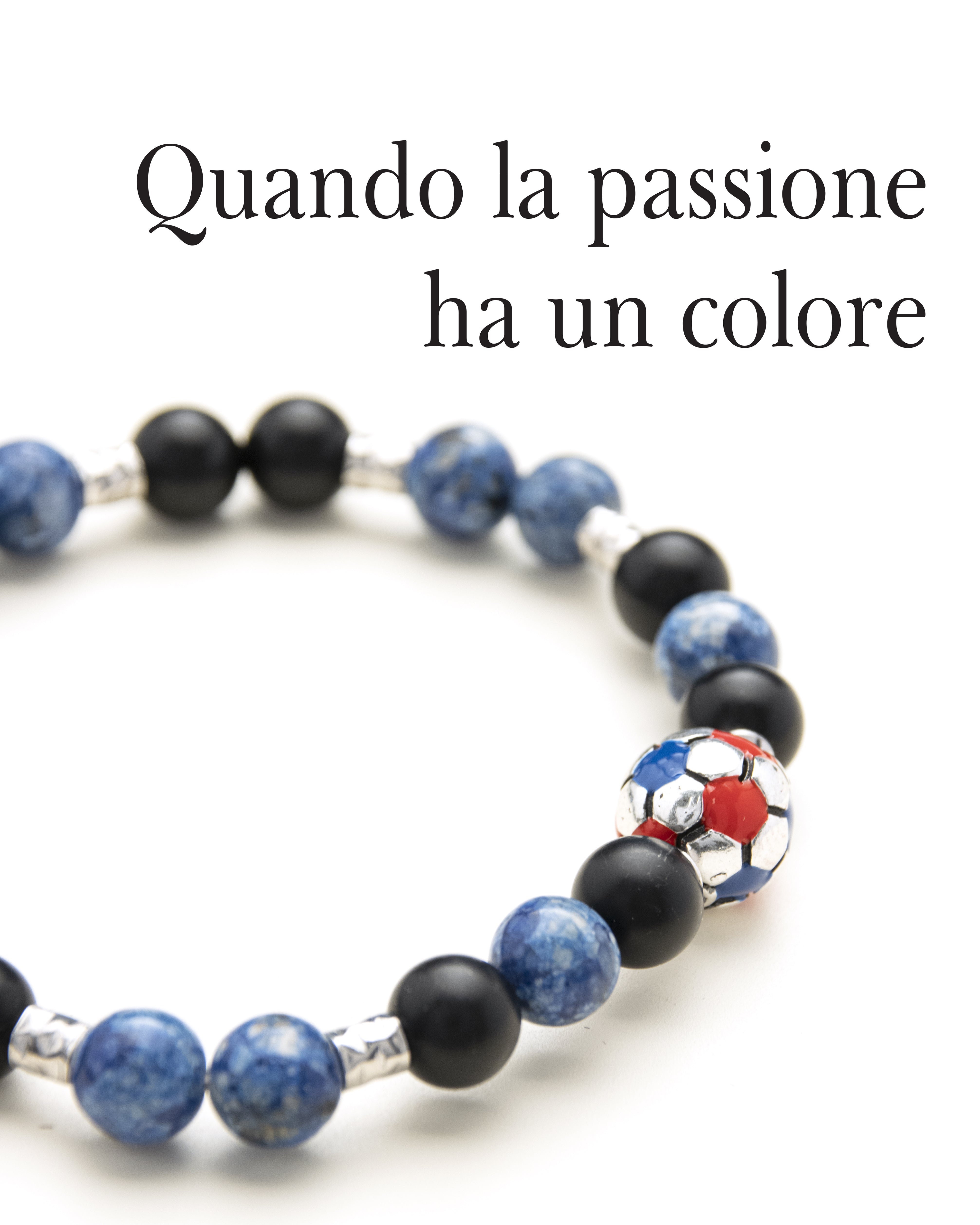 Bracciale uomo - pallone da calcio - ROSSO e BLU - agata nera satinata  e labradorite