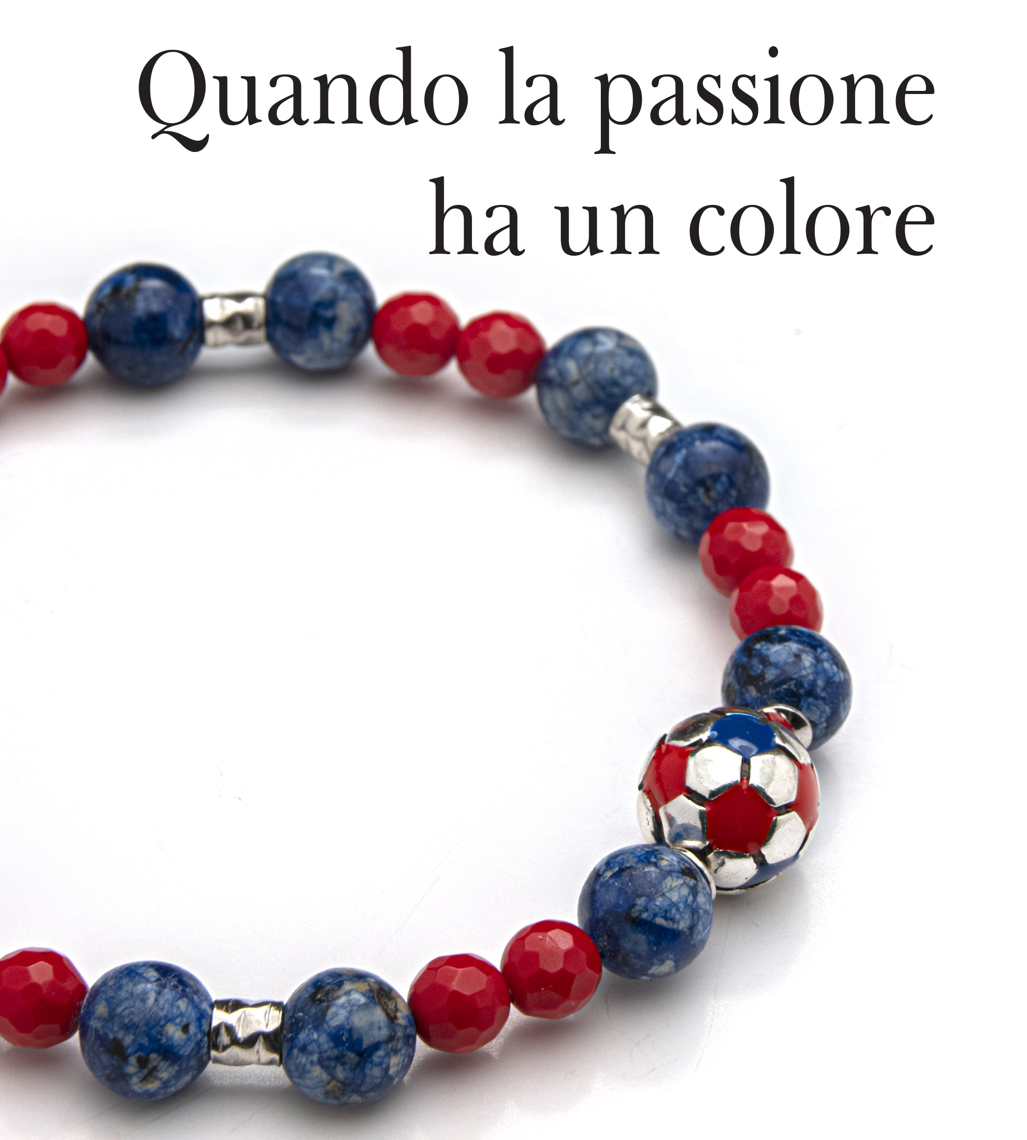 Bracciale uomo - pallone da calcio - ROSSO e BLU - agata nera satinata  e labradorite