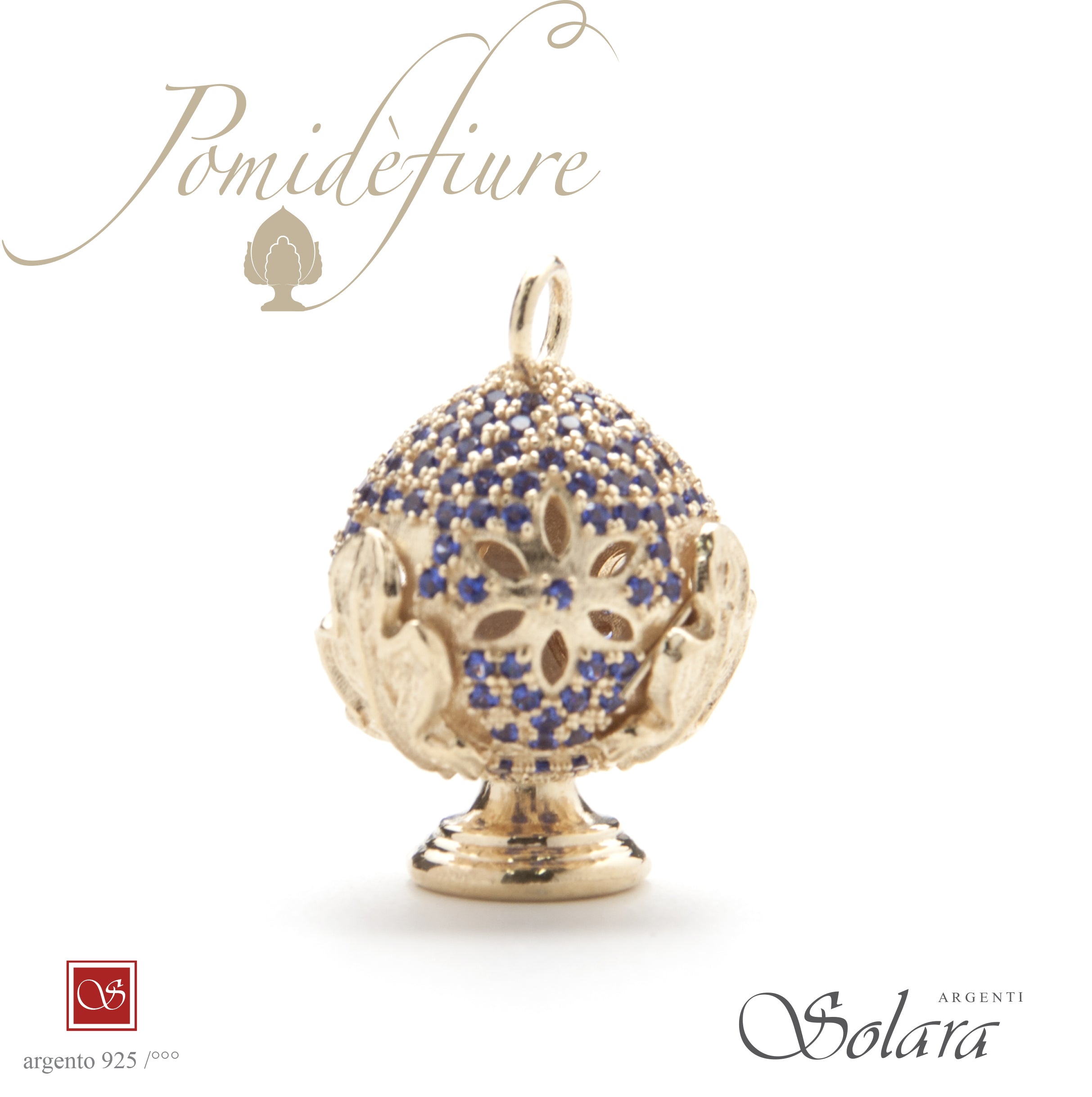 Ciondolo Pomidèfiure dorato con zirconi - blu - per collana e bracciale - mm.25