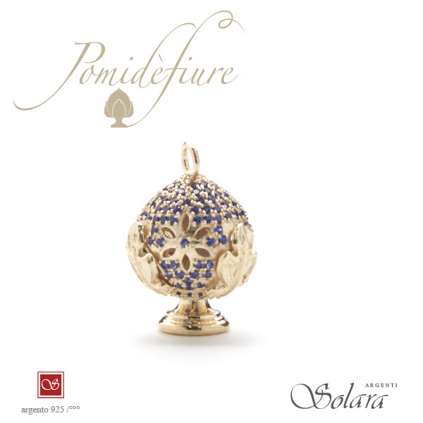 Ciondolo Pomidèfiure dorato con zirconi - blu - per collana e bracciale - mm.20