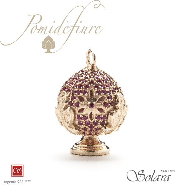 Ciondolo Pomidèfiure dorato con zirconi amaranto - per collana e bracciale - mm.25