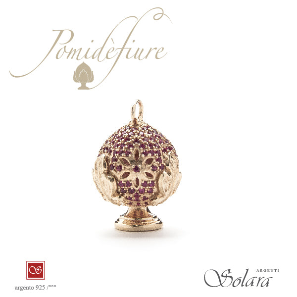 Ciondolo Pomidèfiure dorato con zirconi amaranto - per collana e bracciale - mm.20