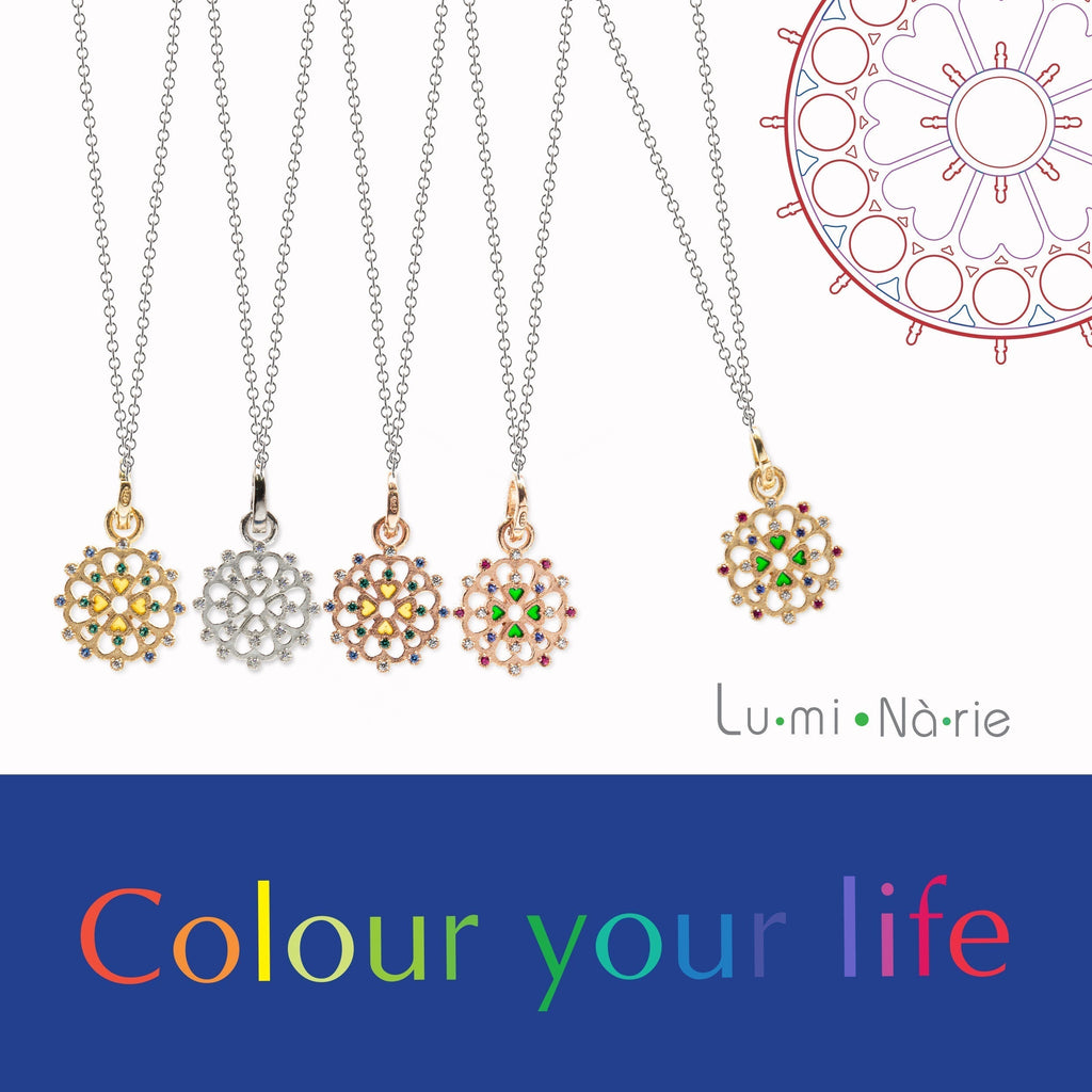 Luminaria tonda con zirconi colorati, VERDE e BLU, rosé mm 18