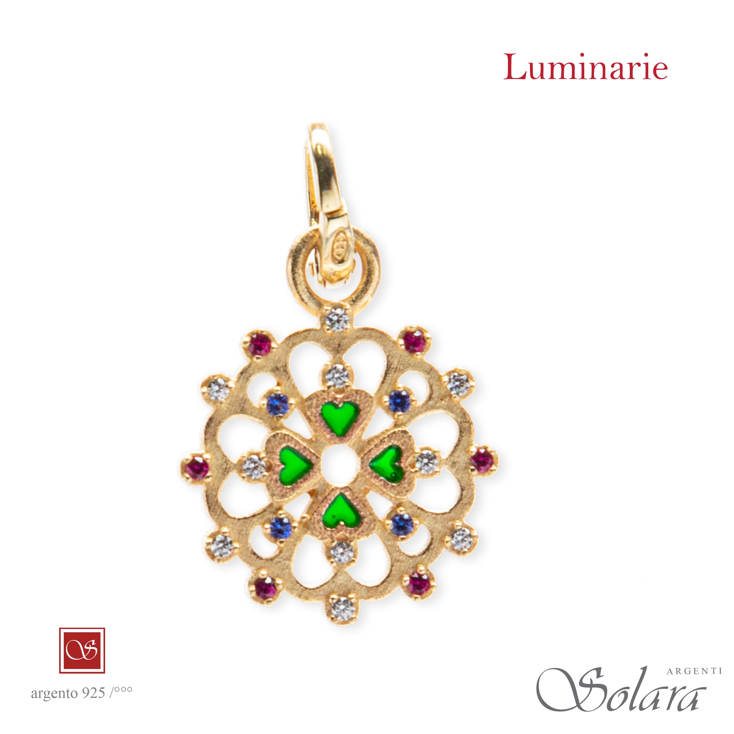 Luminaria tonda con zirconi colorati, BLU e ROSSI,  mm 18 - argento-rosè-dorata