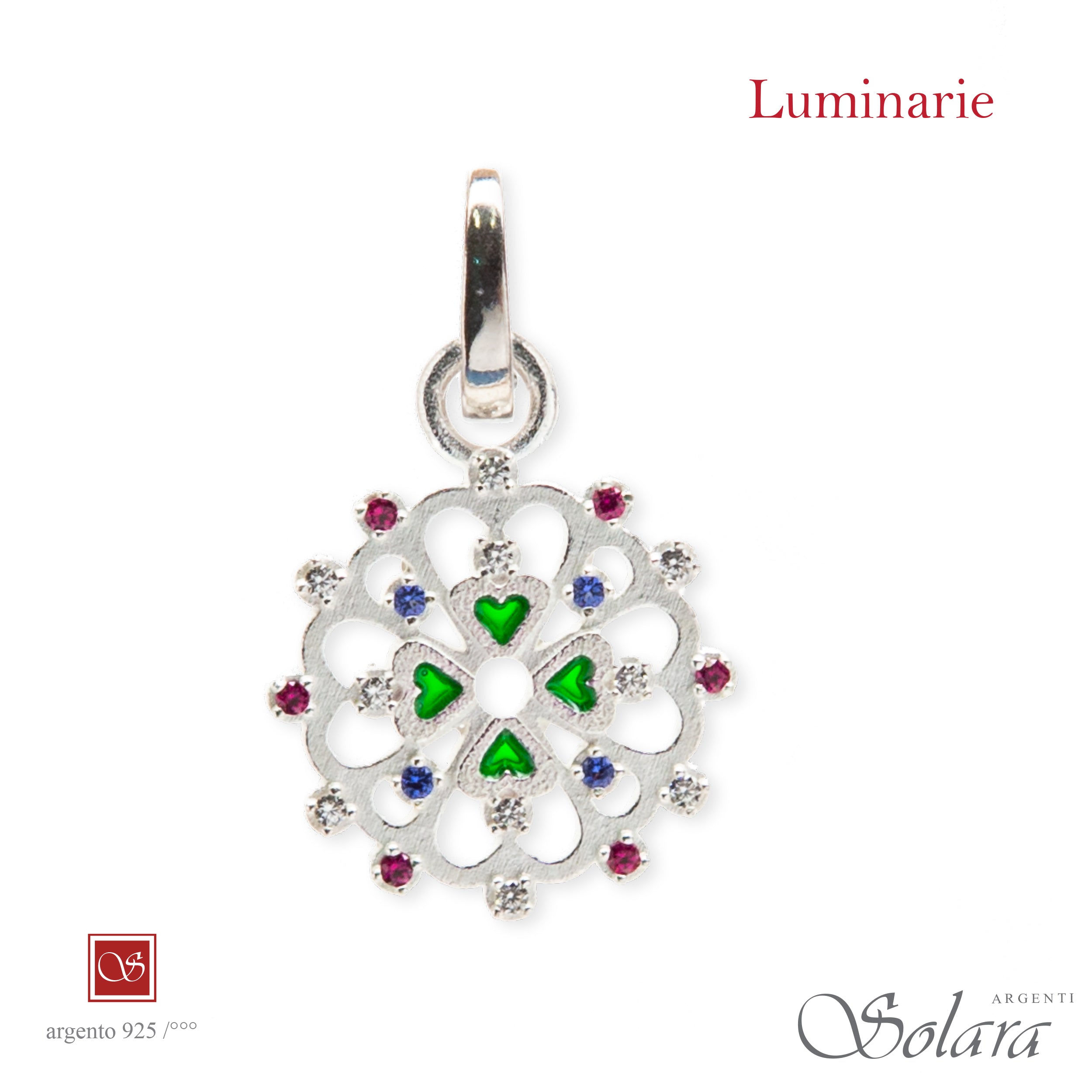 Luminaria tonda con zirconi colorati, BLU e ROSSI, rodiata mm 18