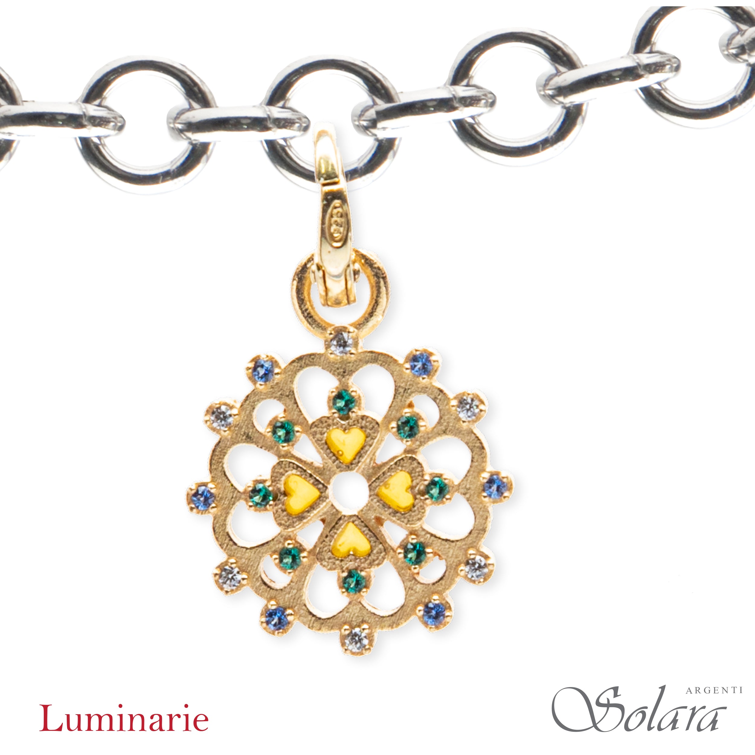 Luminaria tonda con zirconi colorati, VERDE e BLU,  mm 18 - argento-rosè-dorata