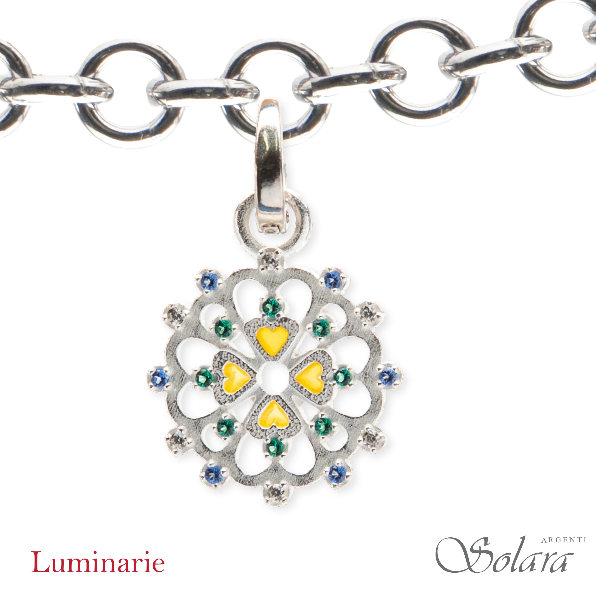 Luminaria tonda con zirconi colorati, VERDE e BLU, rodiata mm 18