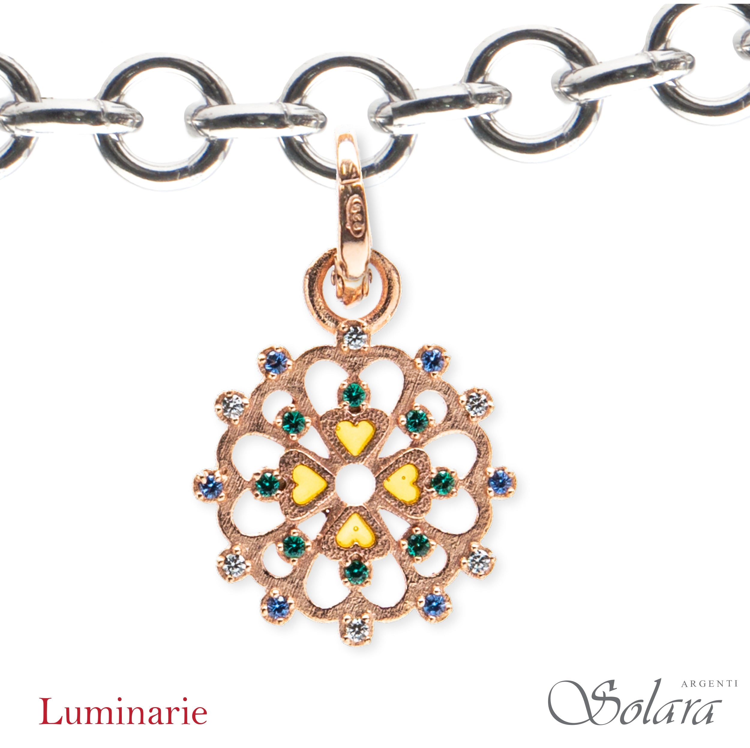 Luminaria tonda con zirconi colorati, VERDE e BLU, dorata mm 18