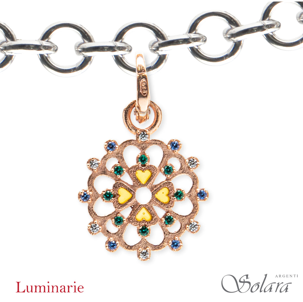 Luminaria tonda con zirconi colorati, VERDE e BLU,  mm 18 - argento-rosè-dorata