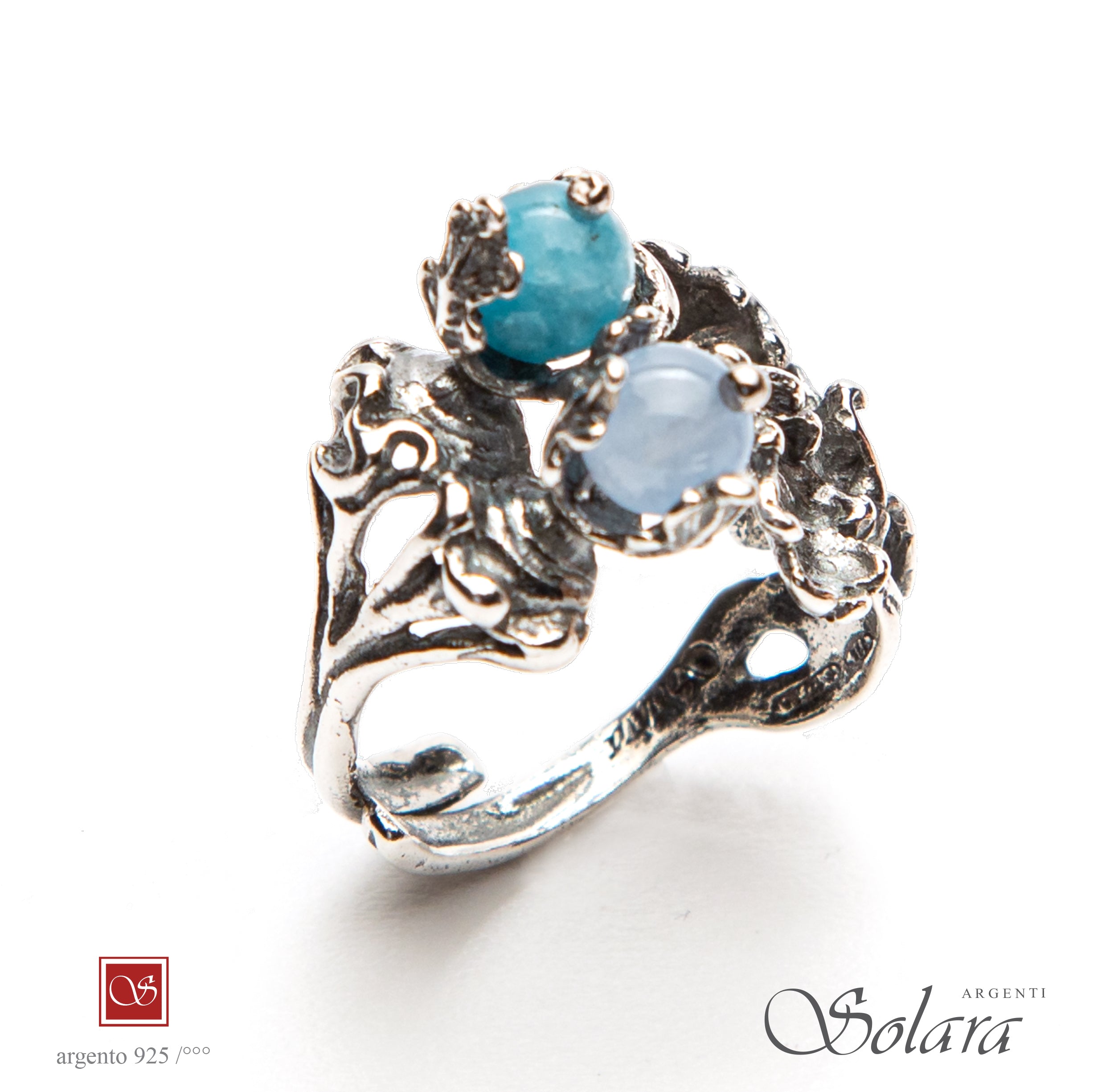 Anello due Pomidèfiure - con giada azzurra chiara e scura - misura 12-16