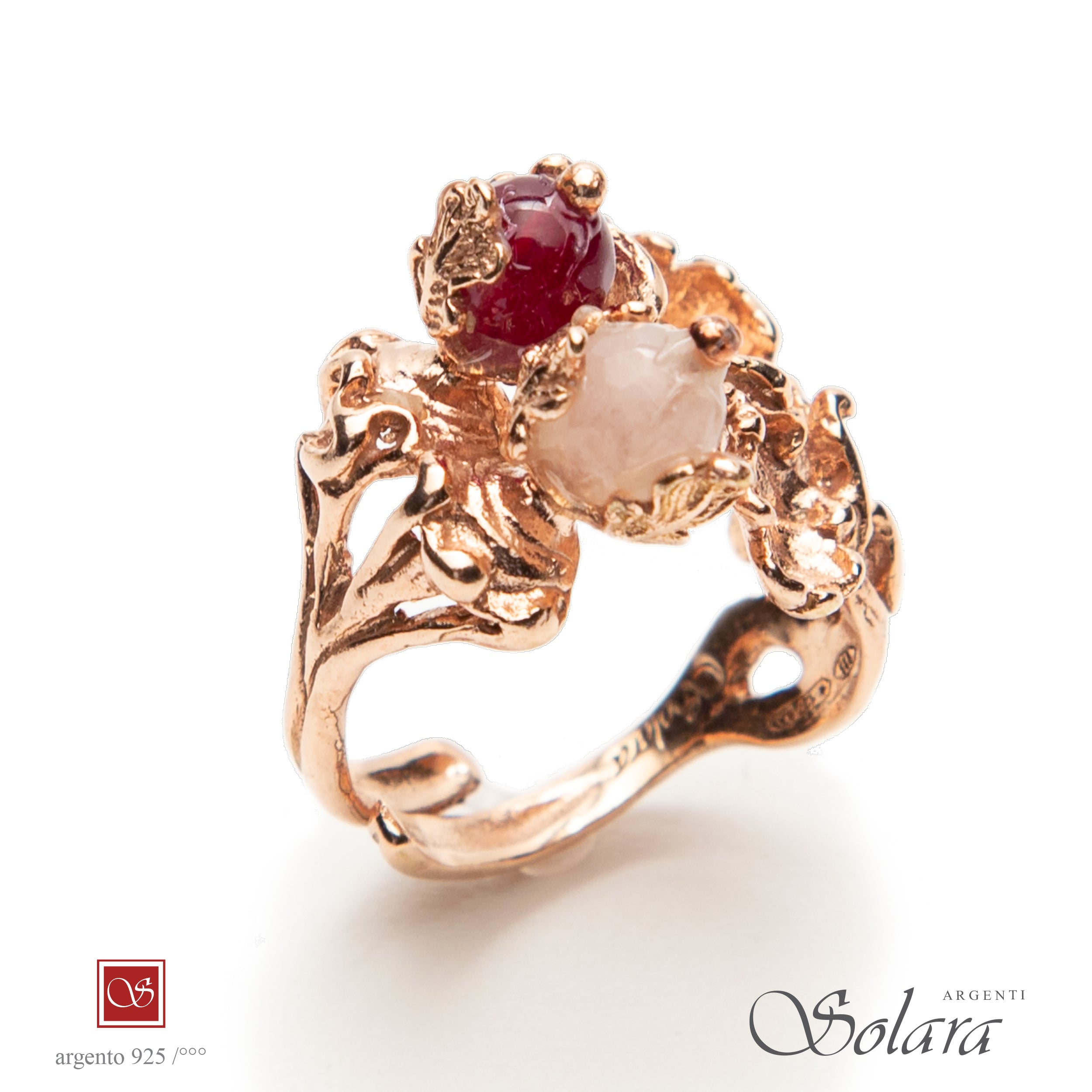 Anello due Pomidèfiure - con agata rossa e giada rosa - misura 12-16